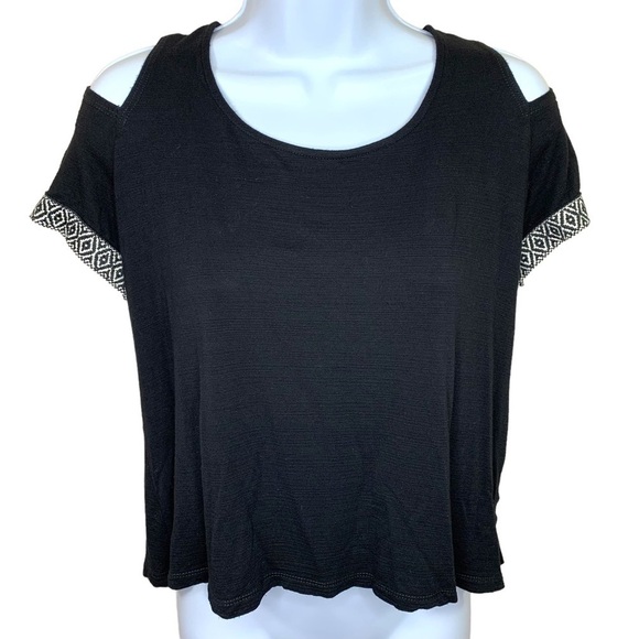 Small Black White Geometric Tribal Trim Cold Shoulder Flowy Short Sleeve Stretch - Picture 1 of 7